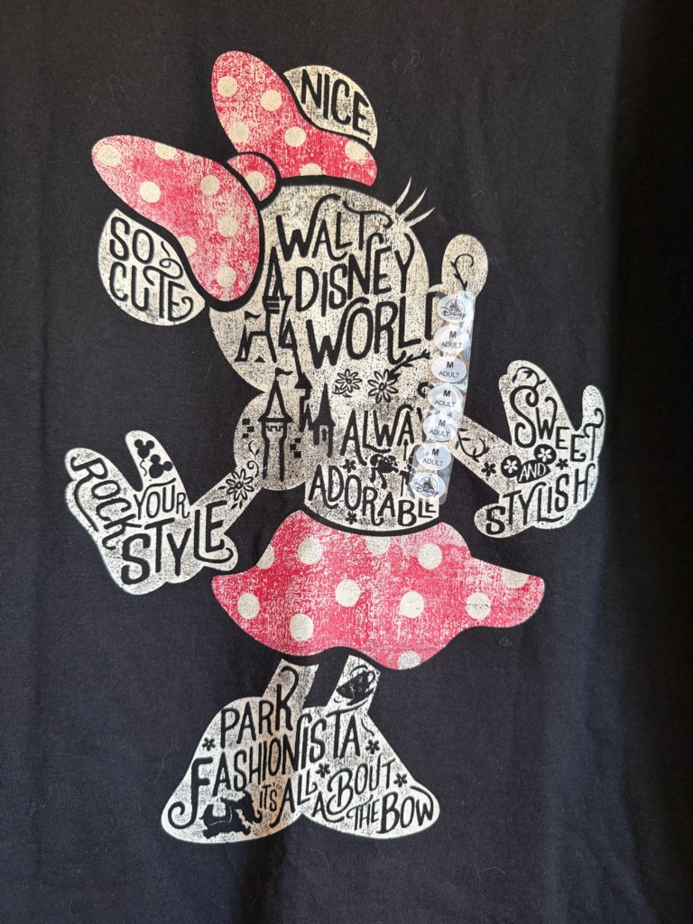 100% Cotton Disney Black Tee with White Minnie Silhouette and Pink Bow Accent